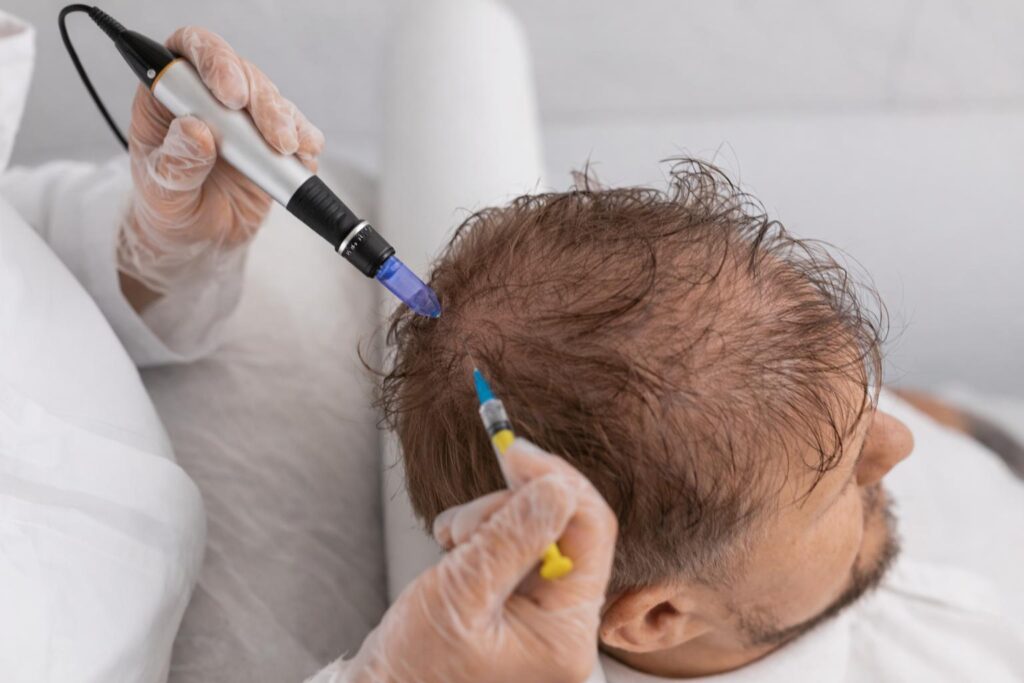 Medic wearing gloves uses a handheld device to inject into a man's scalp during a hair treatment.