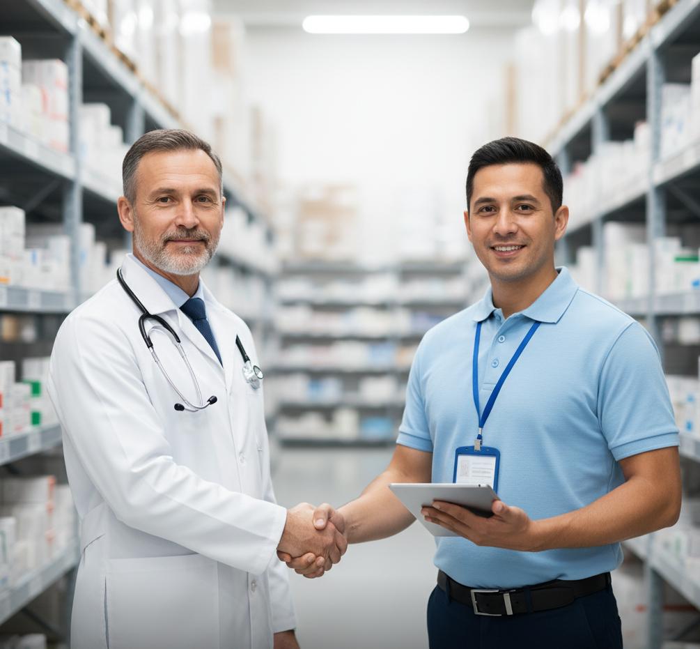 Medical doctor with stethoscope shakes hands with a storage-ward staff member in a pharmaceutical warehouse aisle in agreement.